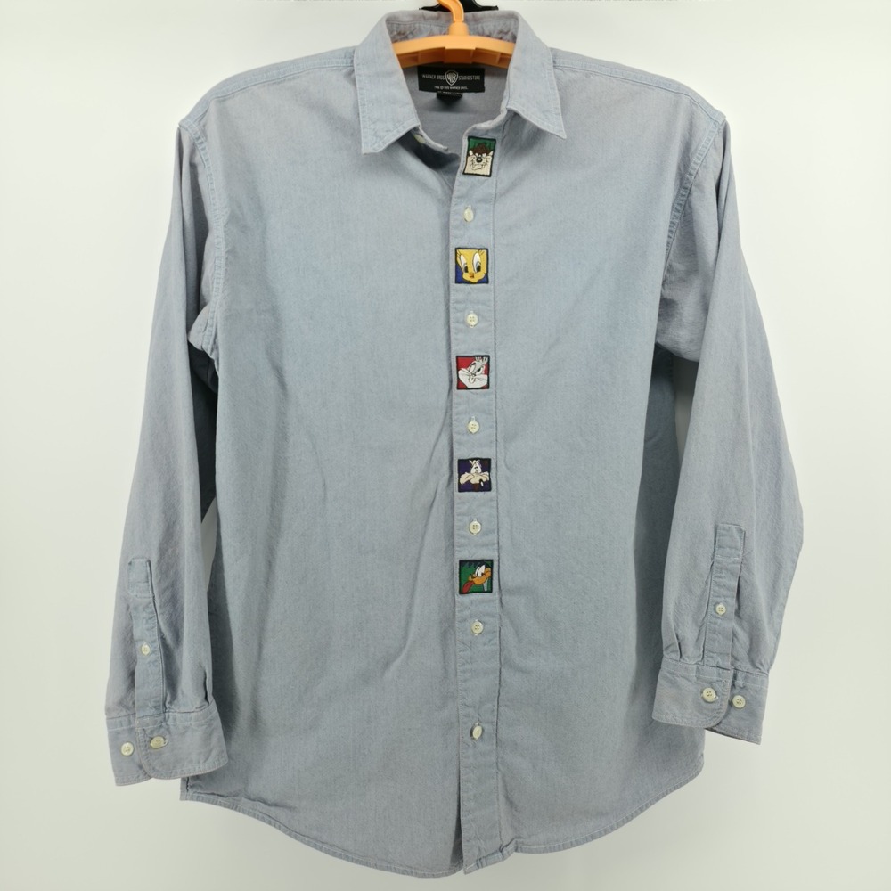 VTG Warner Bros Looney Tunes Mens Embroidered Denim Button Long Sleeve Shirt M